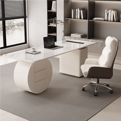 Round Office Desk Base White CEO Table Set with Led Light