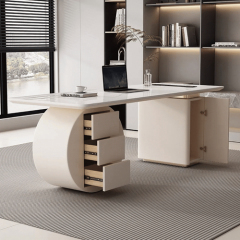 Round Office Desk Base White CEO Table Set with Led Light