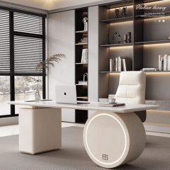 Round Office Desk Base White CEO Table Set with Led Light