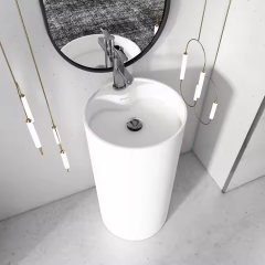 Polished Freestanding Bathroom Pedestal Basin Solid Surface Round Vanity Sink