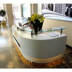 Property Developers Lobby Reception Desk Glass Top White Stone Information Counters