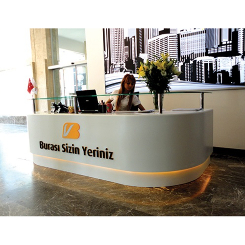 Property Developers Lobby Reception Desk Glass Top White Stone Information Counters