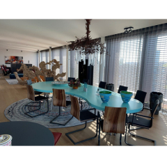 Sky Blue Corian Solid Surface Dining Table Set 8 Seater With Chairs