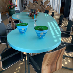 Sky Blue Corian Solid Surface Dining Table Set 8 Seater With Chairs