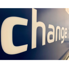 Currency Exchange Bank Service Counter Dark Blue Solid Surface Reception Desk