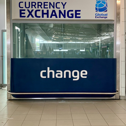 Currency Exchange Bank Service Counter Dark Blue Solid Surface Reception Desk