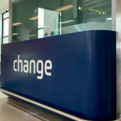 Currency Exchange Bank Service Counter Dark Blue Solid Surface Reception Desk