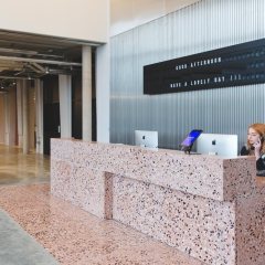 Red Corian Quartz Terrazzo Reception Table Awsome Design Office Desk