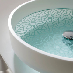 Round Corian Solid Surface Bathroom Vanity With Sink on Top Glass Wash Basin