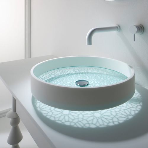 Round Corian Solid Surface Bathroom Vanity With Sink on Top Glass Wash Basin