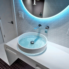 Round Corian Solid Surface Bathroom Vanity With Sink on Top Glass Wash Basin