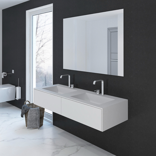 Polished Corian Solid Surface Double Sinks Bathroom Vanity Cabinet and Faucet