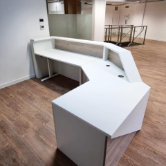 Walnut Wood and Corian Solid Surface Hairdressing Reception Desk L Shaped