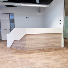 Walnut Wood and Corian Solid Surface Hairdressing Reception Desk L Shaped