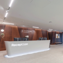 High-end Office Building Himacs Solid Surface Reception Desk Baklit Logo