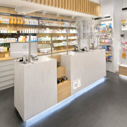 Corian Quartz Stone Led Private Pharmacy Reception Desk Displays