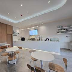 Bubble Tea and Coffee Shop Solid Surface Bar Counter Design with Cake Display