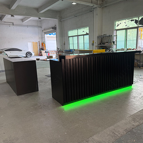 Black Solid Surface Stone Led Home Small Kitchen Bar Counter With Corrugated Metal Sheets Decoration