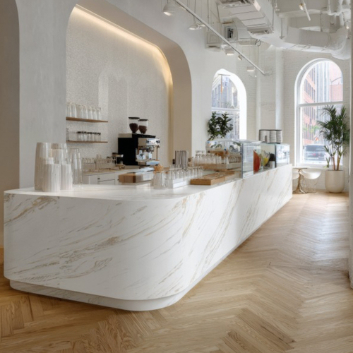 New Corian Solid Surface Beige Color Cafe Shop Bar Counter Set Design