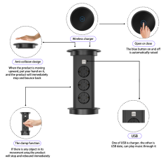 Motorised desk socket alloy wireless charger 3 Eu outlets 2 usb wireless charging