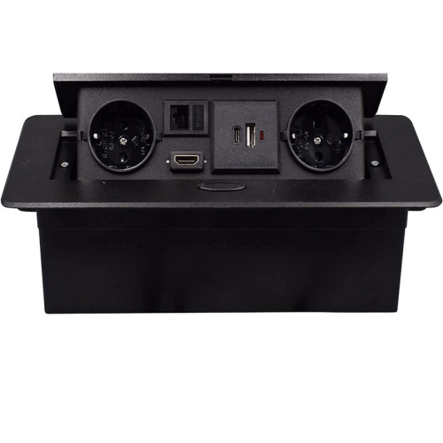 Table socket Retractable sockets with 2 EU LAN HDMI and 5V3.1A USB Type c chargers 1.5M cable Black
