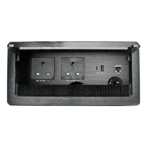 Conference UK flip up socket with 1 twin usb a+c cat6 rj45 socket 3 way plugs tabletop conference room