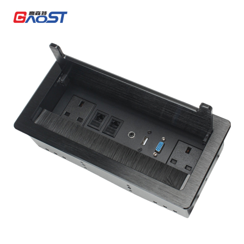 Table brushed black UAE flip up socket multifunction outlet scable cubbies