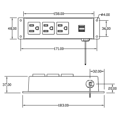 Wall Mount Power Strip With Connector Wire , 3 US Outlets+ 2 USB Charging