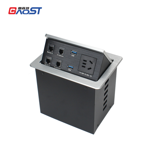 Multi-functional Desktop Pneumatic Pop Up Socket With 2 CAT3/6 2 USB-A Data Ports 1 China Outlet