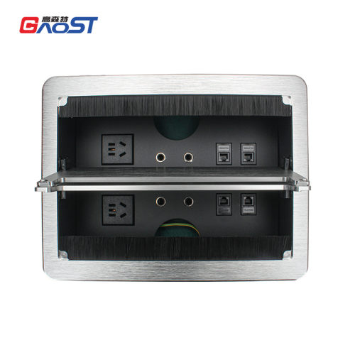 Desktop Flushed Panel Double Flip Socket With 2 China Outlets 4 3.55mm AUDIO 4 CAT3 For Conference