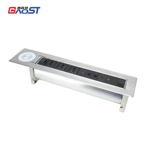 High Quality Alloy Motorised Rotary Socket With Universal Outlets ,Wireless Charging and Multimedia Ports For Conference