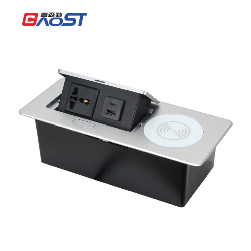 2 Way Desktop Pop Up Power Socket Universal Outlet USB-A+C Charging and Wireless Charging