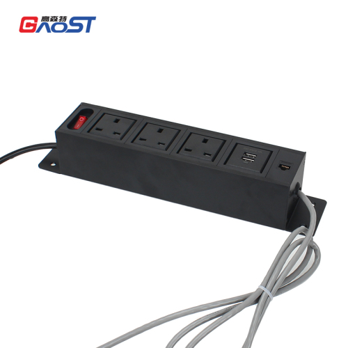 Desktop Mount On Power Strip 3 UK Outlets，2 USB-A Charging 1 CAT6 and 1 Switch