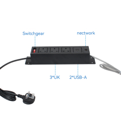 Desktop Mount On Power Strip 3 UK Outlets，2 USB-A Charging 1 CAT6 and 1 Switch