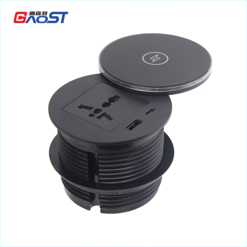 Round Power Grommet With Wireless Charging Lid，1 Universal Outlet+30W A+C Charging+15W QI Fast Charging