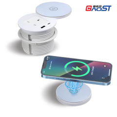 Round Power Grommet With Wireless Charging Lid，1 UK Outlet+30W A+C Charging+15W QI Fast Charging