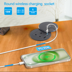Round Power Grommet With Wireless Charging Lid，1 UK Outlet+30W A+C Charging+15W QI Fast Charging