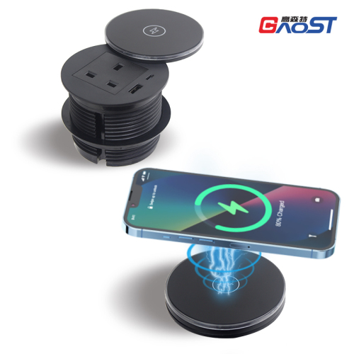 Round Power Grommet With Wireless Charging Lid，1 UK Outlet+30W A+C Charging+15W QI Fast Charging