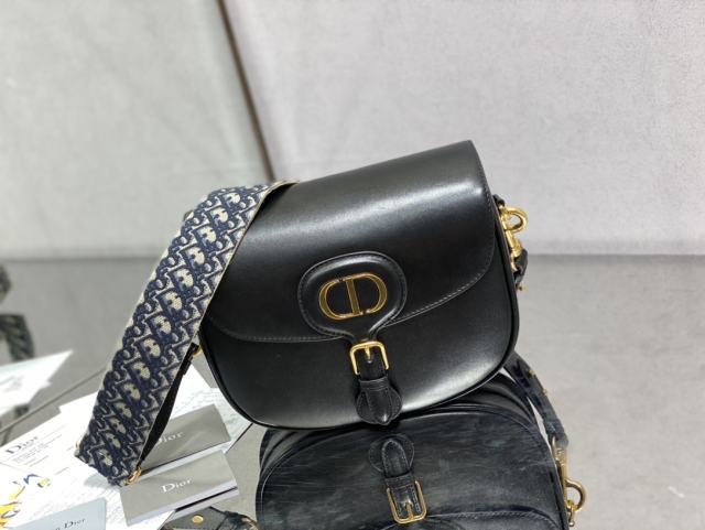Large DIOR BOBBY bag with smooth cowhide leather and blue Oblique printed shoulder strap