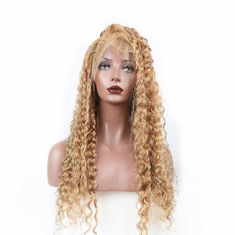 Lace Front Wig Honey Blonde #27 Deep Wave Brazilian 130% Density Wig With Baby Hair Bleached Knots