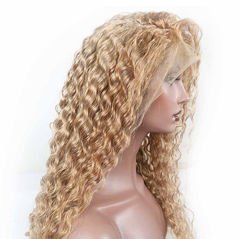 Lace Front Wig Honey Blonde #27 Deep Wave Brazilian 130% Density Wig With Baby Hair Bleached Knots