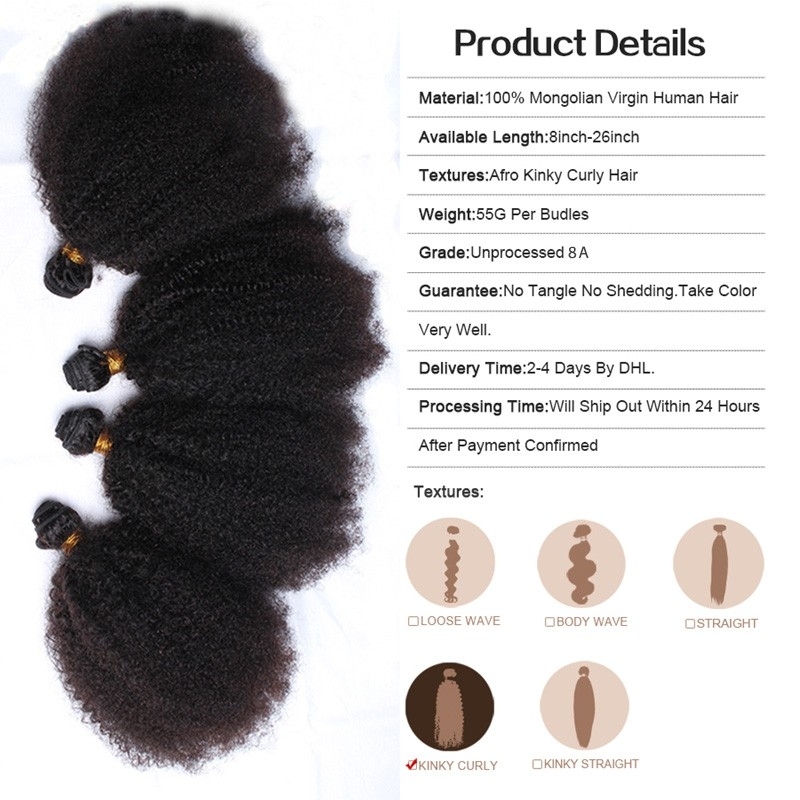 Hair Bundles Brazilian Kinky Curly Remy Hair Weave 8A Grade 4 Pcs Afro Kinky Curly Human Hair Extensions 4B 4C