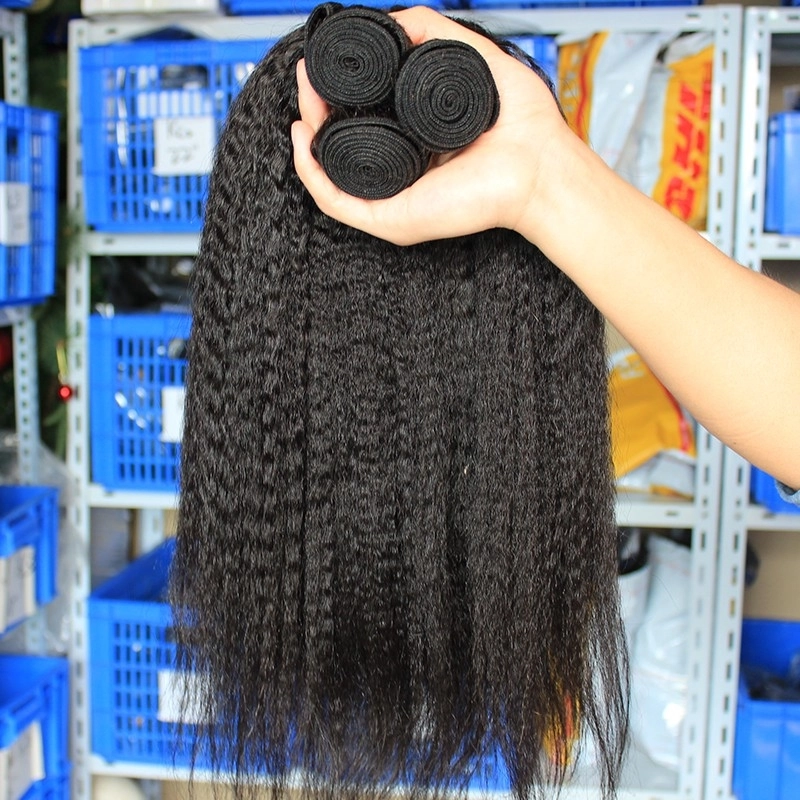 Affordable Natural Color Kinky Straight Peruvian Human Hair Weaves 4pcs Bundles