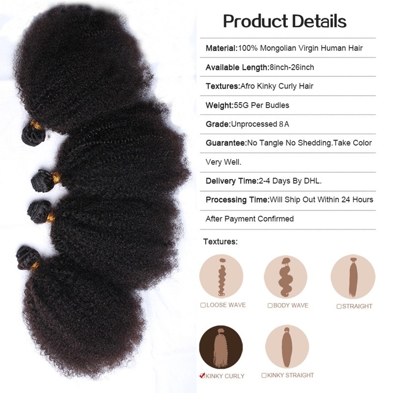 8A Grade 3pcs Lot Mongolian Afro Kinky Curly Human Hair Weaves Natural Black Afro Hair Bundles fast shipping