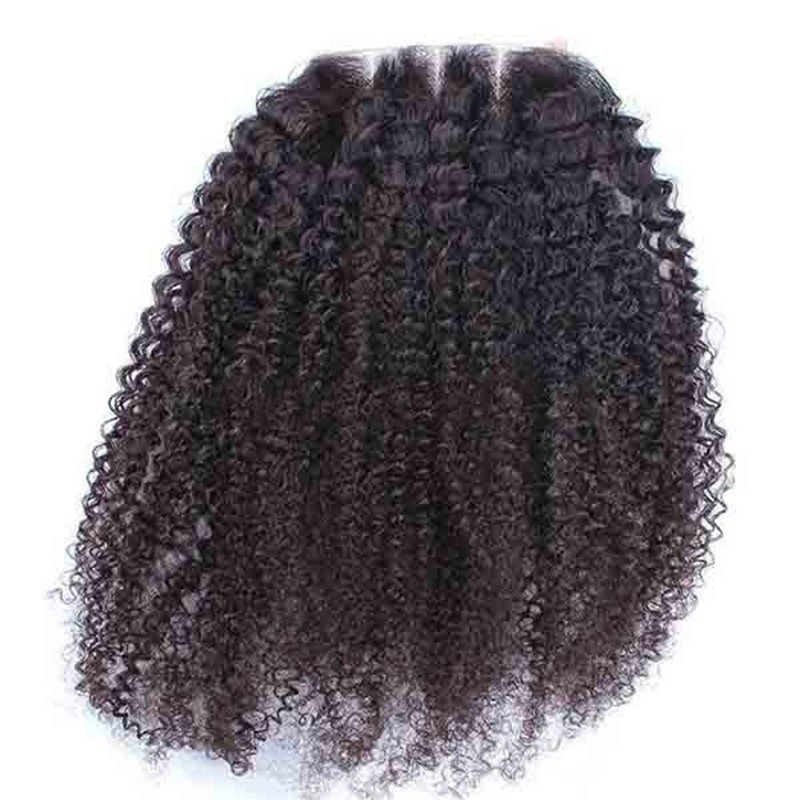 Best Human Hair Closures Malaysian Remy Hair Afro Kinky Curly Three Part Lace Closure 4x4inches Natural Color