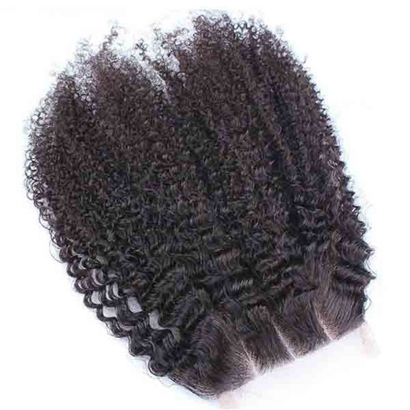 Best Human Hair Closures Malaysian Remy Hair Afro Kinky Curly Three Part Lace Closure 4x4inches Natural Color