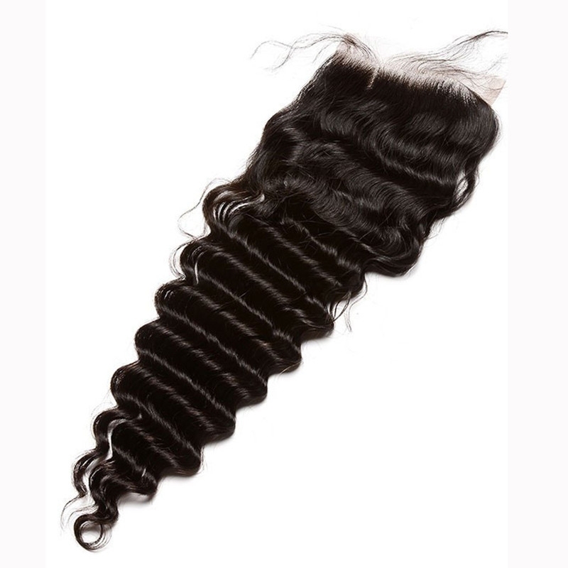 Best Hair Weave Closures Malaysian Remy Hair Deep Wave Three Part Lace Closure 4x4inches Natural Color