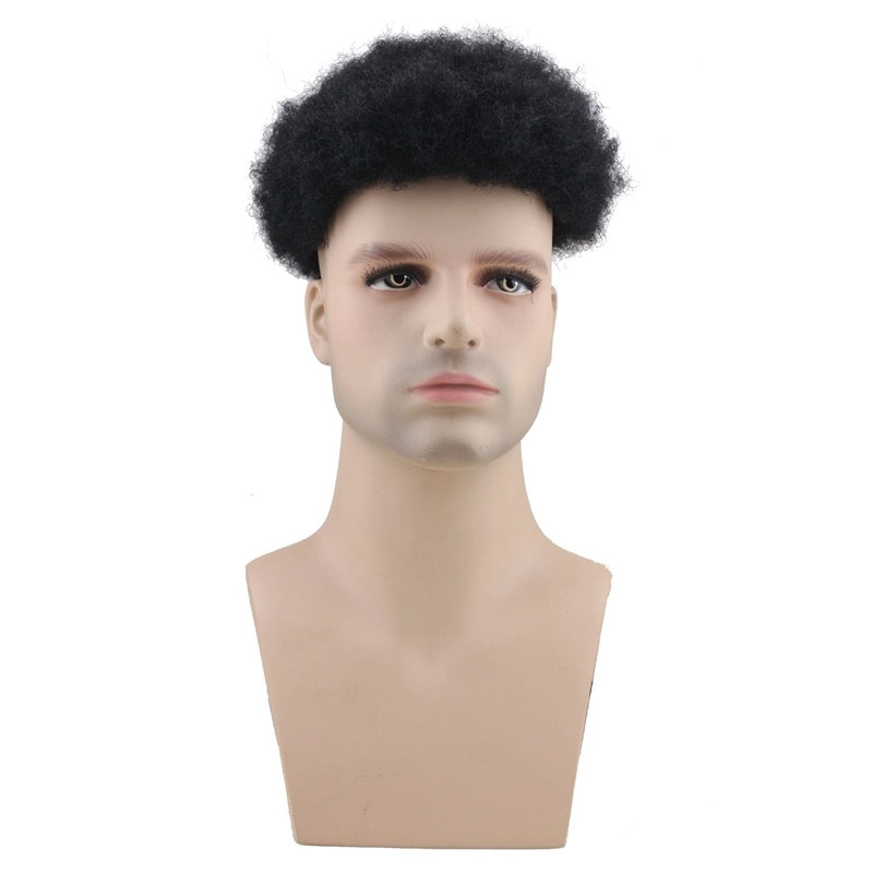 Afro Curly Mens Toupee Hairpiece Wig Human Hair Mono Base with Hard PU Reforced Base Size 9.5x7.5 inch #1B Off Black