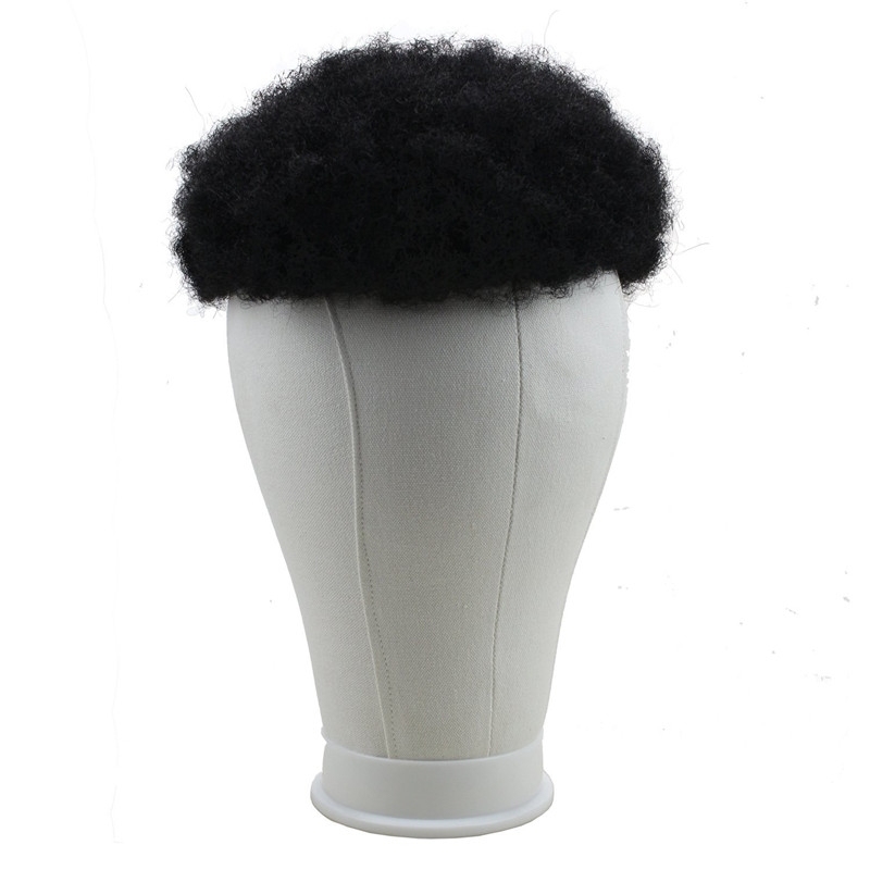 Human Hair Afro Curly Mens Toupee Hairpiece Wig Base with Hard PU Reforced Size 10x8 inch #1B Off Black