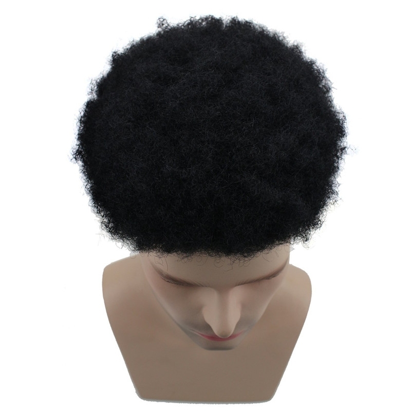 Afro Curly Mens Toupee Hairpiece Wig Human Hair Mono Base with Hard PU Reforced Base Size 9.5x7.5 inch #1B Off Black